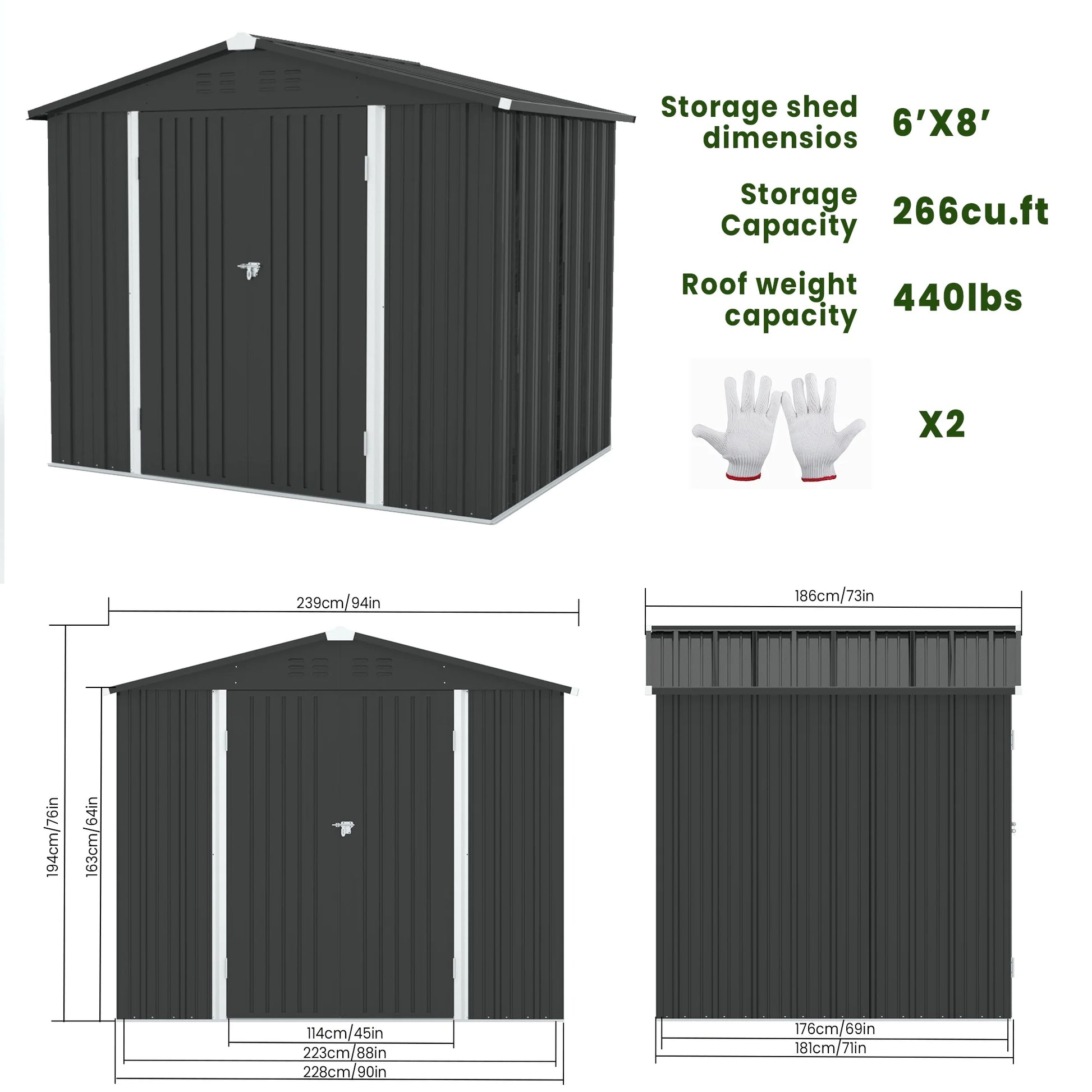 8' X 6' Outdoor Metal Storage Shed, Tools Storage Shed, Galvanized Steel Garden Shed with Lockable Doors, Outdoor Storage Shed for Backyard, Patio, Lawn, Dark Gray