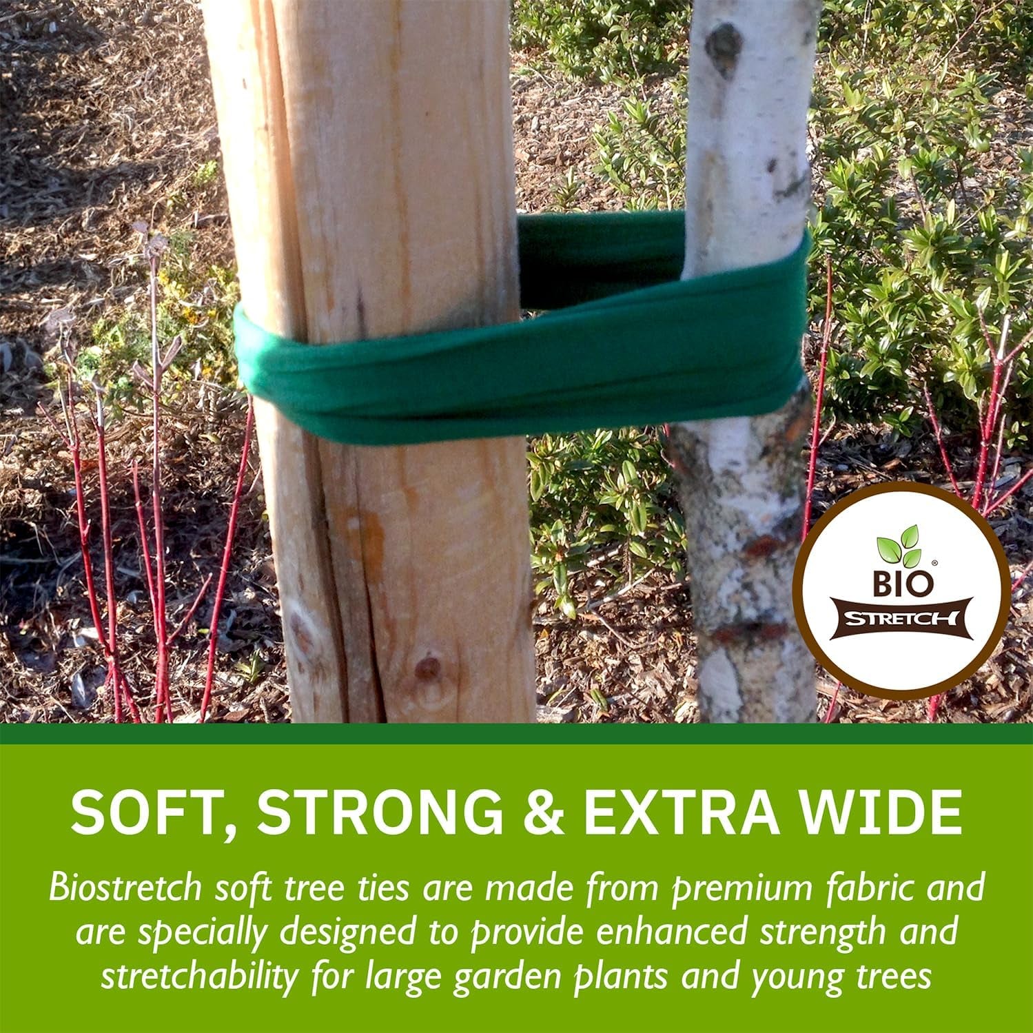 Extra Wide Soft Tree Ties - Strong & Stretchy Support for Large Plants & Young Trees - Cut-To-Length Green Garden Tape for Home & Professional Gardening (26 Ft / 8M)