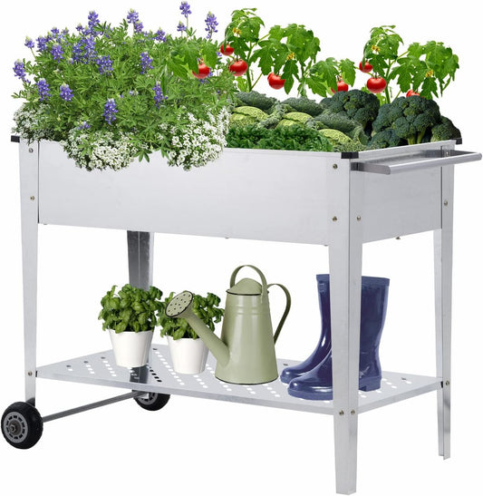 Raised Garden Bed with Legs and 2 Wheels,Metal Planter Box Kit for Growing Vegetables, Fruits, Flowers,Herb,Silver and Black