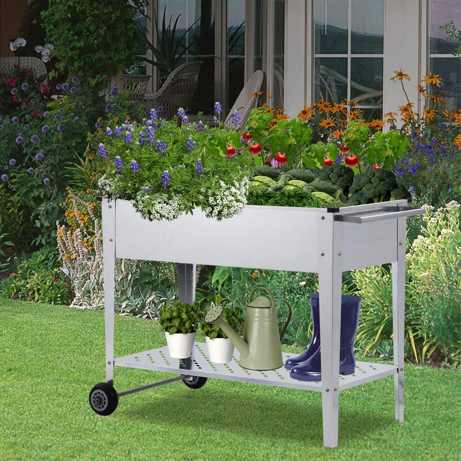Raised Garden Bed with Legs and 2 Wheels,Metal Planter Box Kit for Growing Vegetables, Fruits, Flowers,Herb,Silver and Black