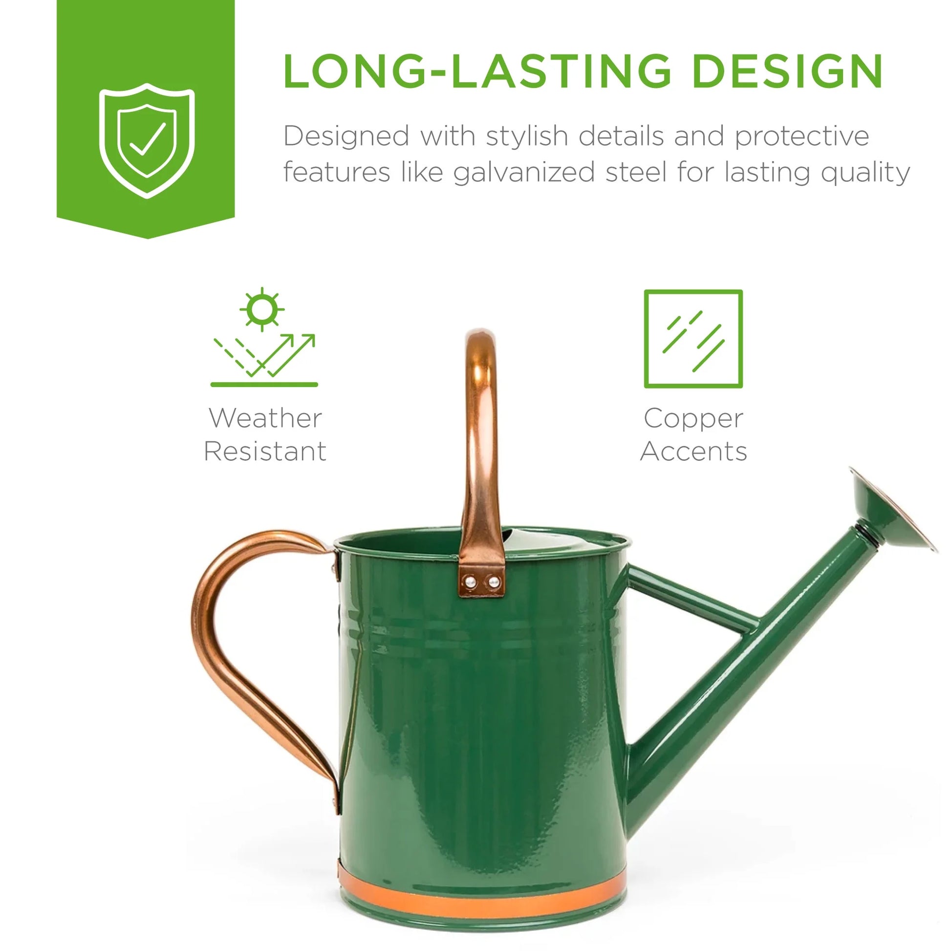 1-Gallon Galvanized Steel Watering Can for Gardening W/ O-Ring, Top Handle, Copper Accents