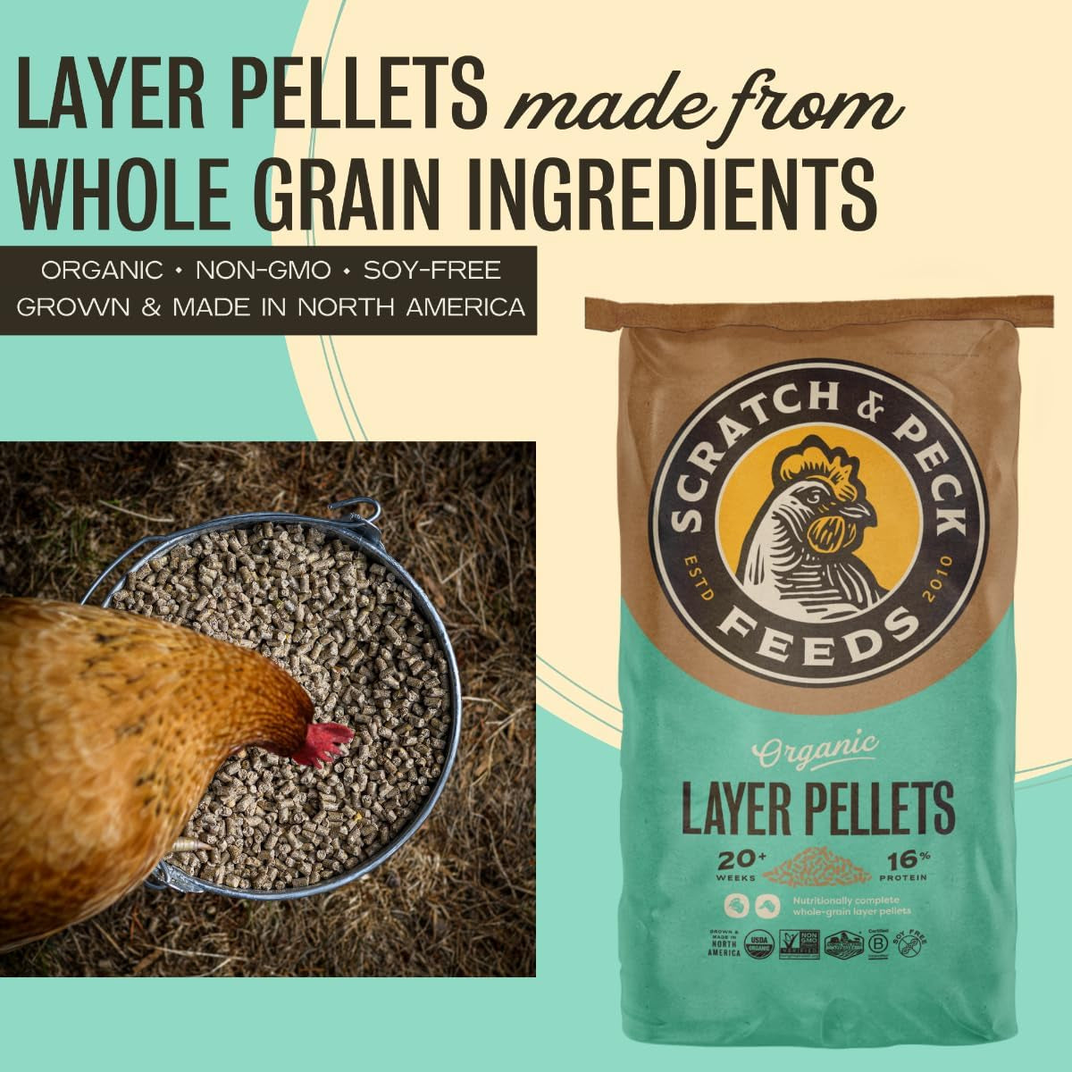 Scratch and Peck Whole Grain Layer Pellets Chicken and Duck Feed - 25 Lbs Bag - Corn-Free and Soy-Free - 16% Protein, Certified Organic and Non-Gmo Project Verified Chicken Food
