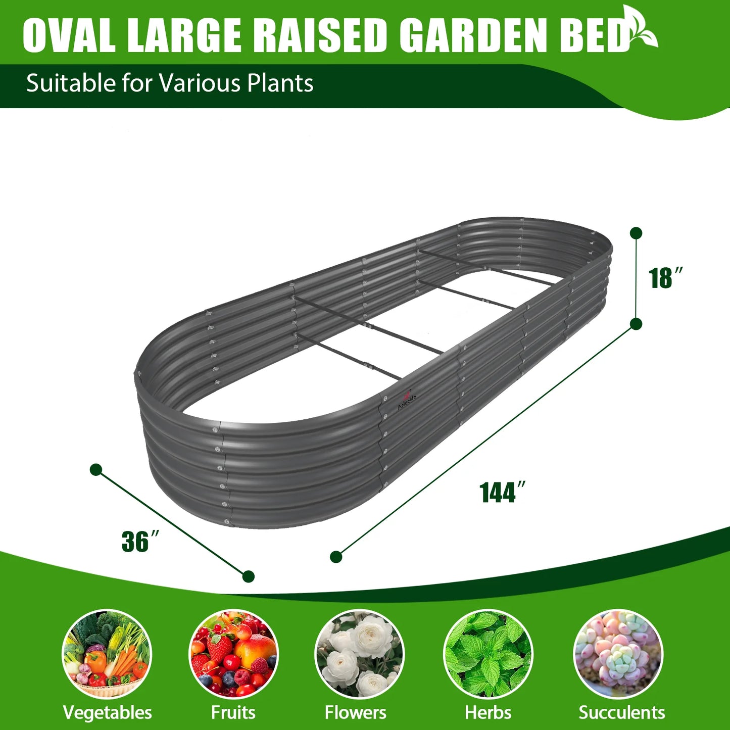 12Ft X3Ft X1.5Ft Galvanized Raised Garden Beds, Gray