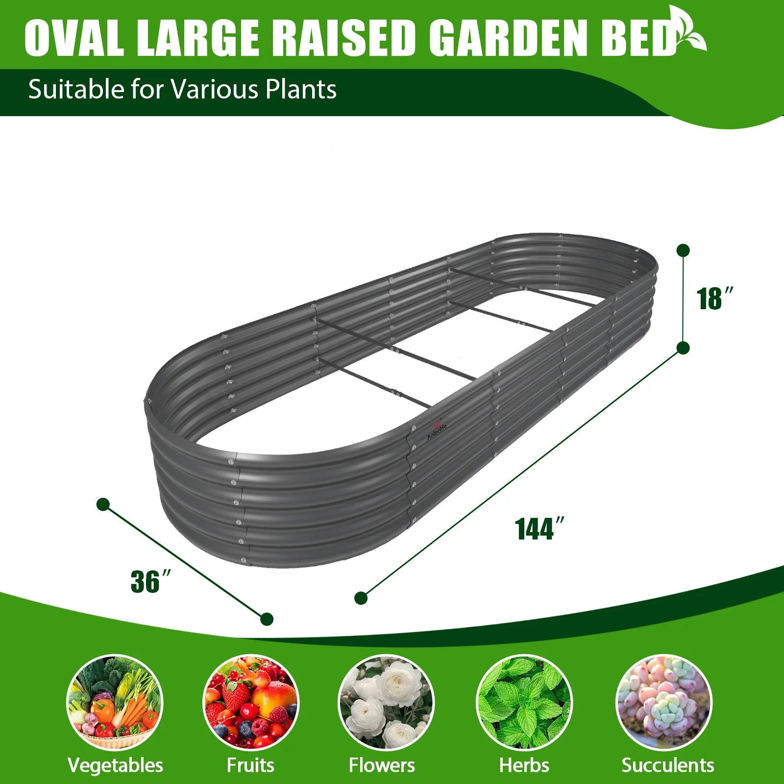 12Ft X3Ft X1.5Ft Galvanized Raised Garden Beds, Gray