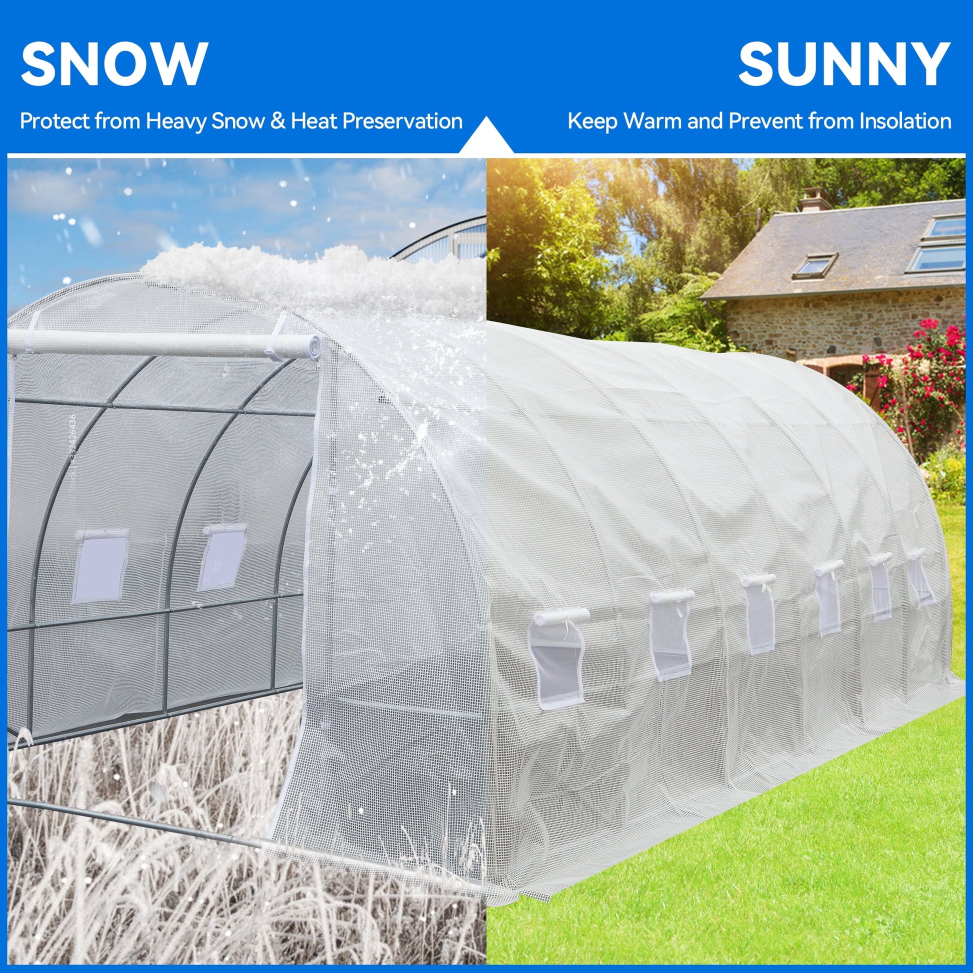 20'X10'X7' Heavy Duty Greenhouses Large Walk-In Greenhouse Tunnel Green Houses Outdoor Gardening Upgraded Galvanized Steel Stake Ropes Zipper Door 7 Crossbars Garden, White