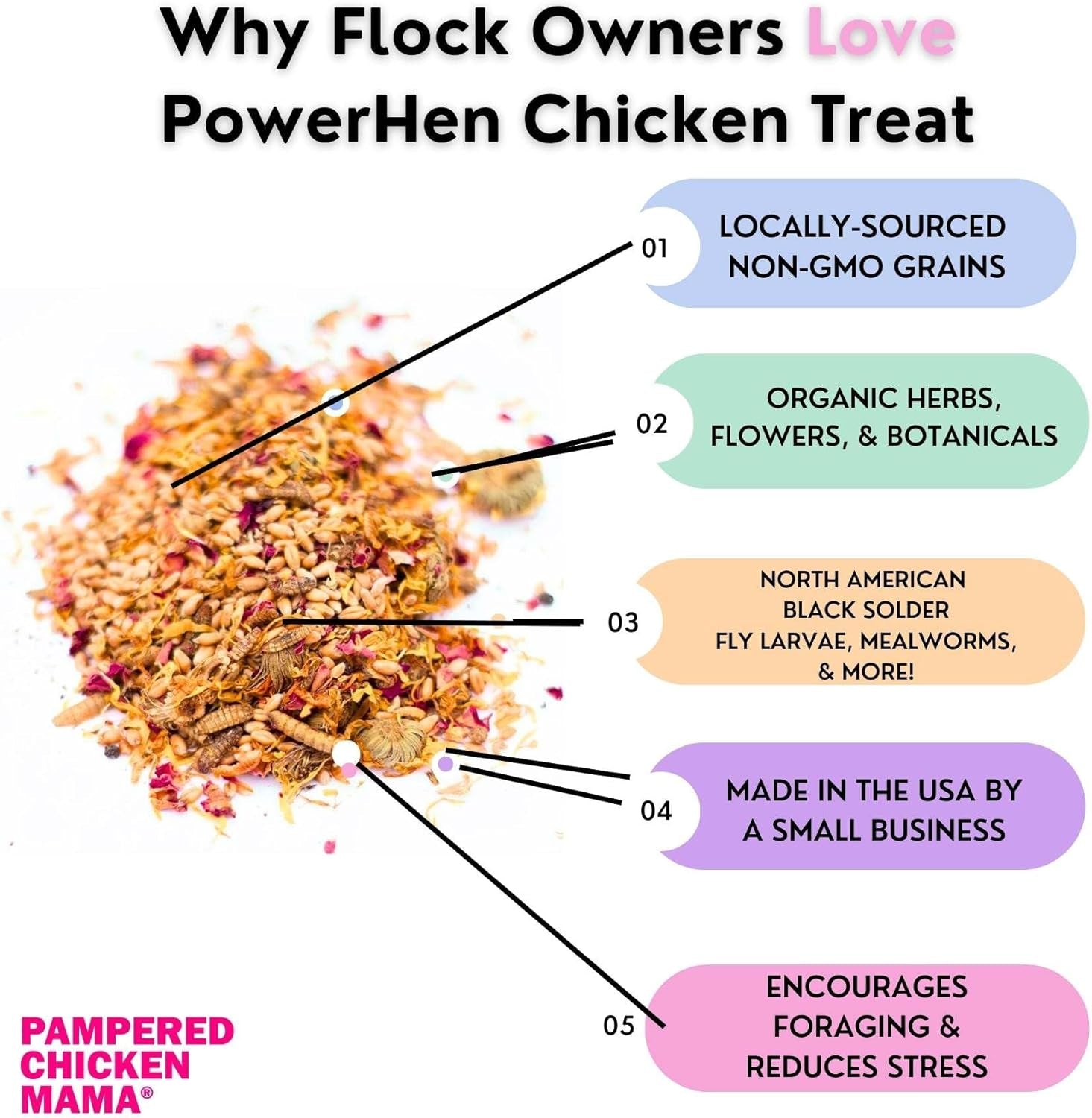 Backyard Chicken High Protein Herbal Treat with Dried River Shrimp, Black Soldier Fly Larvae, Mealworms, Basil, Hibiscus Flowers, Rose Petals (Powerhen) (4 Pounds)