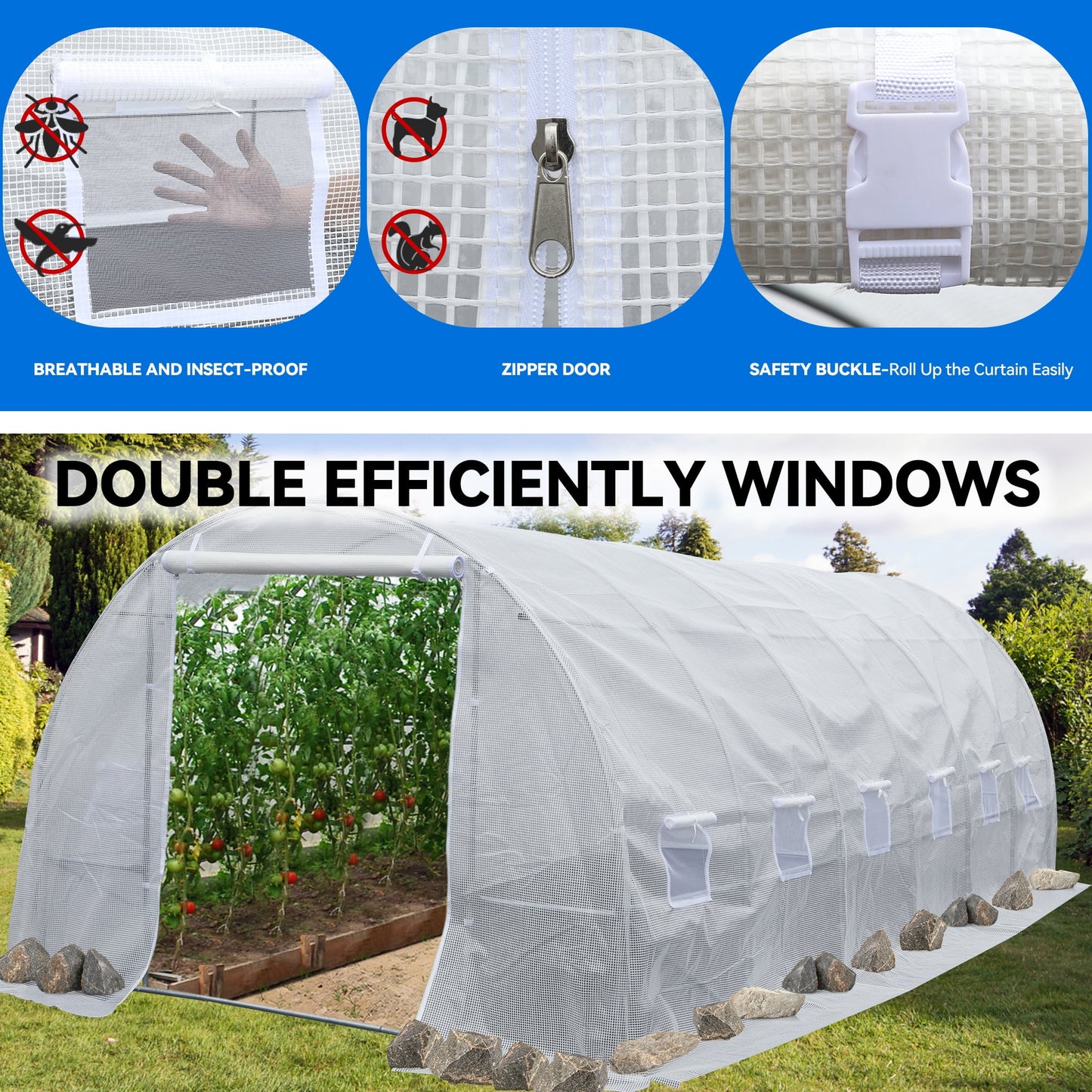 20'X10'X7' Heavy Duty Greenhouses Large Walk-In Greenhouse Tunnel Green Houses Outdoor Gardening Upgraded Galvanized Steel Stake Ropes Zipper Door 7 Crossbars Garden, White