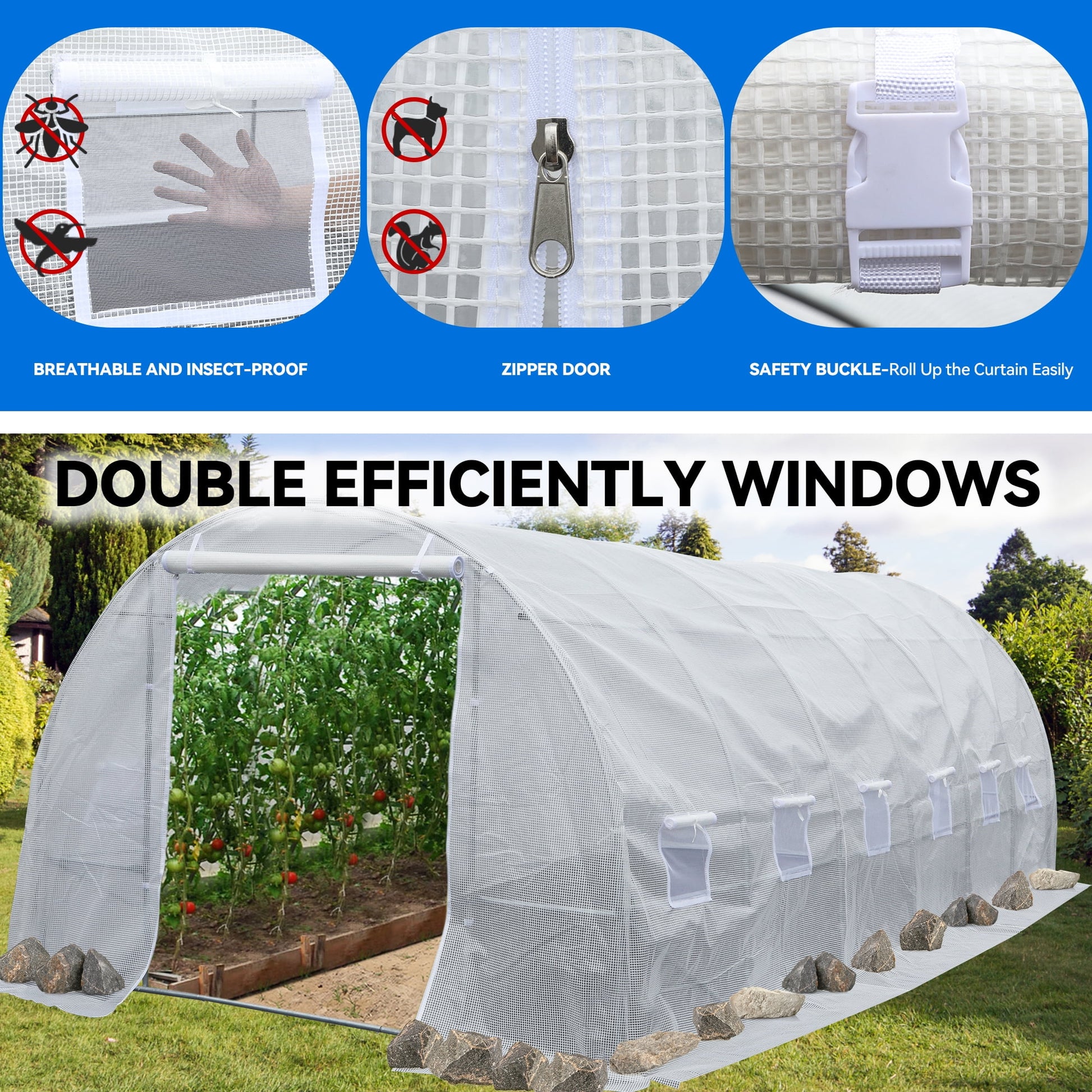 20'X10'X7' Heavy Duty Greenhouses Large Walk-In Greenhouse Tunnel Green Houses Outdoor Gardening Upgraded Galvanized Steel Stake Ropes Zipper Door 7 Crossbars Garden, White