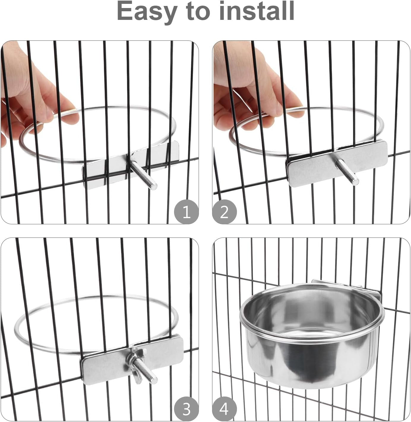 Pet Food Water Bowl with Clamp Holder Stainless Steel Coop Cup Hanging Feeder for Dog Bird Parrot Cat Rabbit (S)