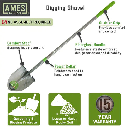 46.5 In. Fiberglass Handle Steel Blade Digging Shovel with Comfort Step