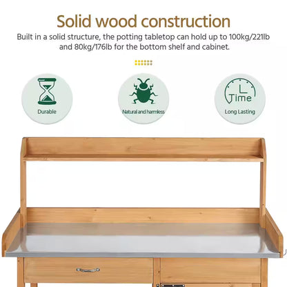 Outdoor Garden Potting Bench Table with Metal Tabletop, Cabinet Drawer and Open Shelf