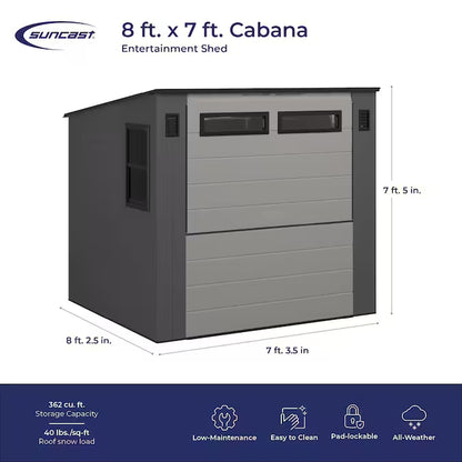 8-Ft X 7-Ft Entertainment Cabana Gray Lean-To Resin Storage Shed (Floor Included)