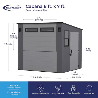 8-Ft X 7-Ft Entertainment Cabana Gray Lean-To Resin Storage Shed (Floor Included)