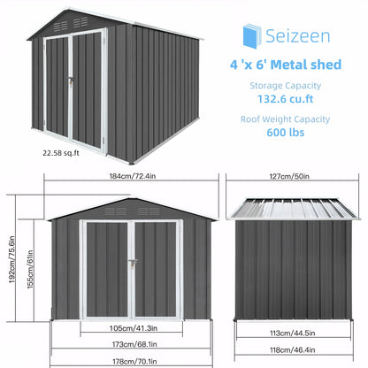 6' X 4' Outdoor Metal Storage Shed with Metal Base ,  Tools Storage Shed, Galvanized Steel Garden Shed with Lockable Doors for Backyard, Patio, Lawn