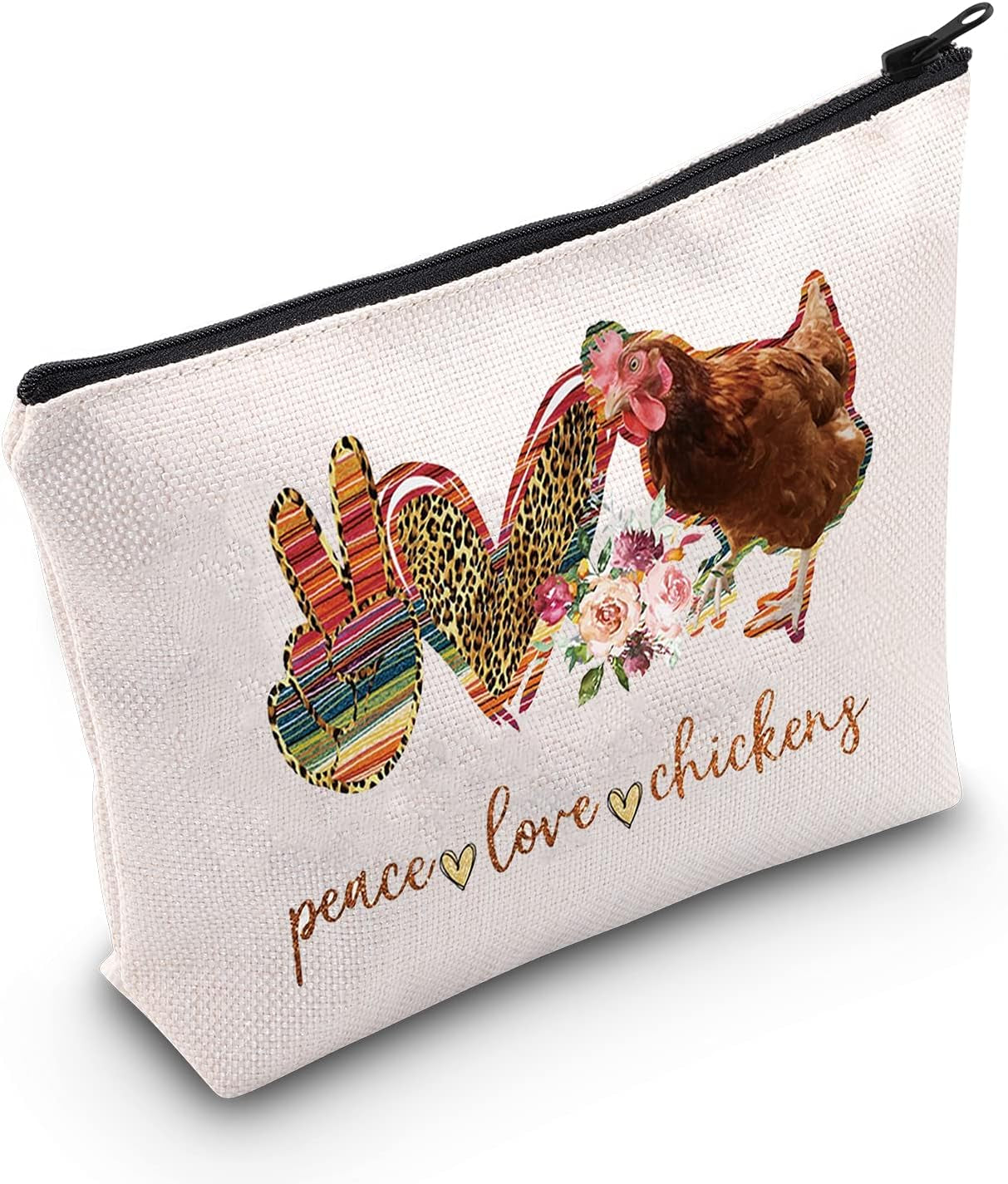 Funny Chickens Cosmetic Make up Bag Animal Lover Gift Peace Love Chickens Makeup Zipper Pouch Bag Chicken Merch(Peace Love Chickens)