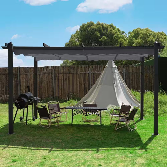 10 Ft. W X 10 Ft. D Aluminum Pergola Outdoor with Dark Gray Retractable Canopy