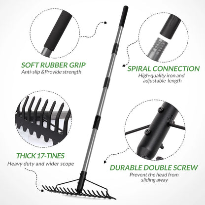 5FT Bow Rake, 17 Steel Tines Metal Head Heavy Duty Garden Rake