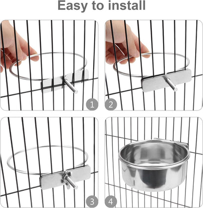 Pet Food Water Bowl with Clamp Holder Stainless Steel Coop Cup Hanging Feeder for Dog Bird Parrot Cat Rabbit (S)